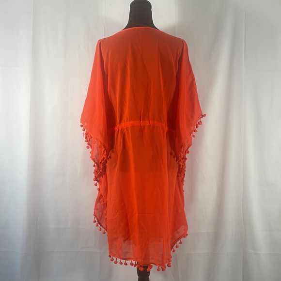 Orange Bathingsuit cover,Tunic,Sheer, Vneck,Adjustable tie waist,Tassels, XL - Picture 5 of 9